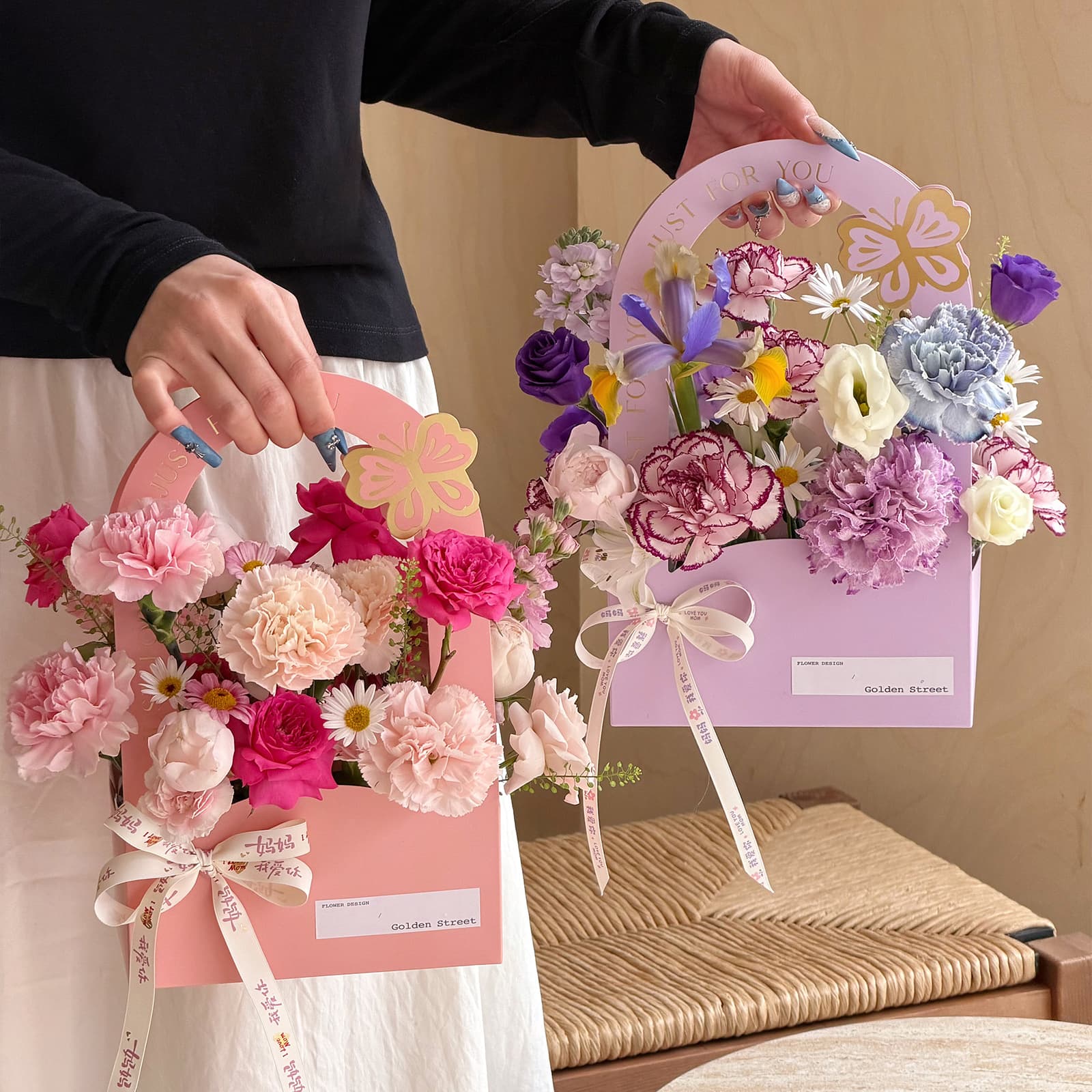 Floral Handbag Gift Box Teacher's Day Flower Arrangement Box Handheld Flower Box Cross-Border Supply Floral Packaging Materials