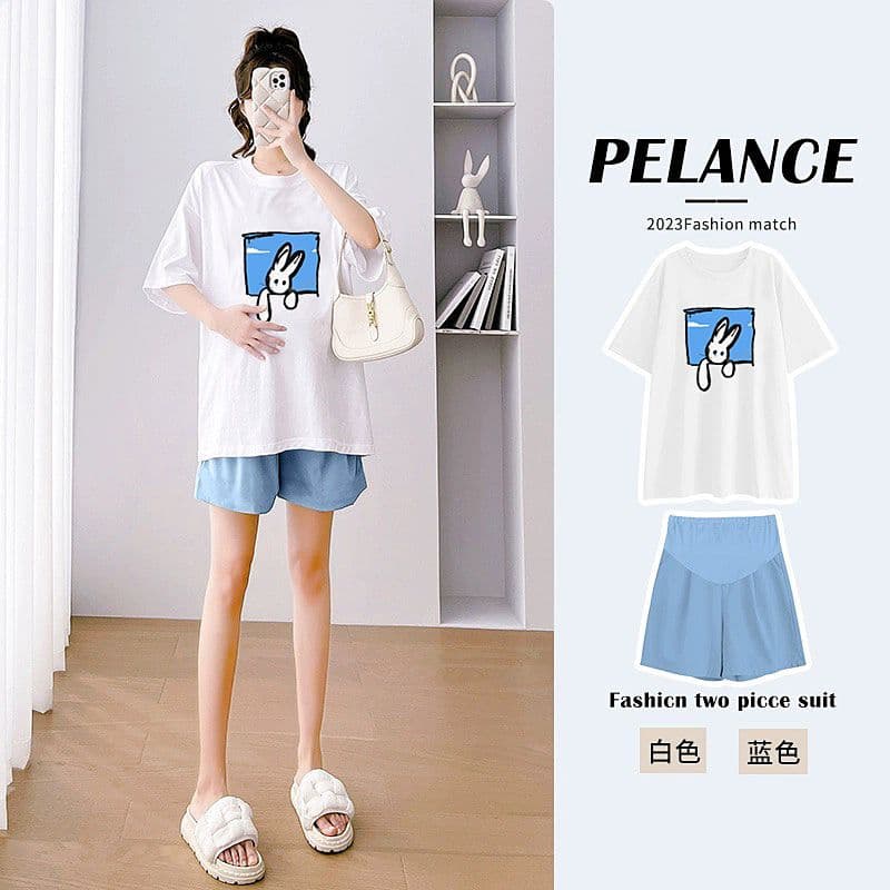 Fashionable Maternity Short Sleeve T-shirt Shorts 2-piece Set Loose Fit Slimming Summer Clothes For Pregnant Women