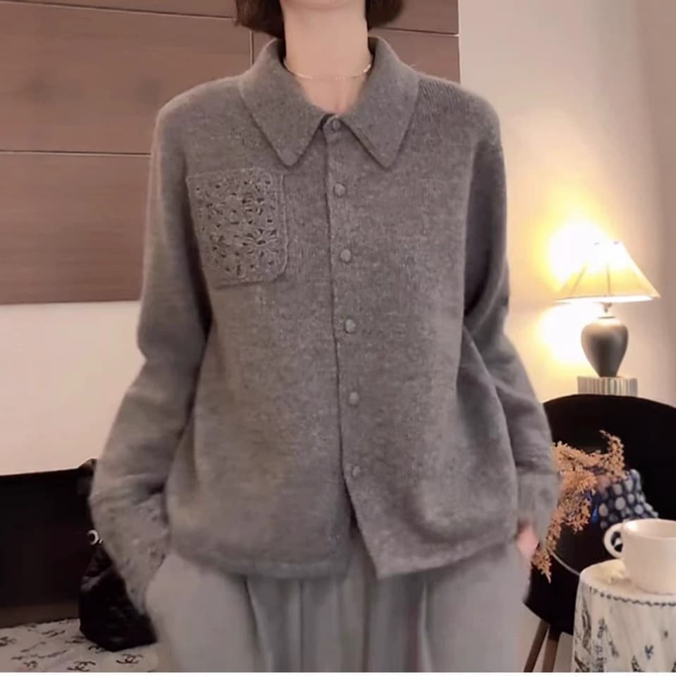 Lapel sweater women's autumn/winter lazy style soft loose slim age-reducing lace crochet knit cardigan top.