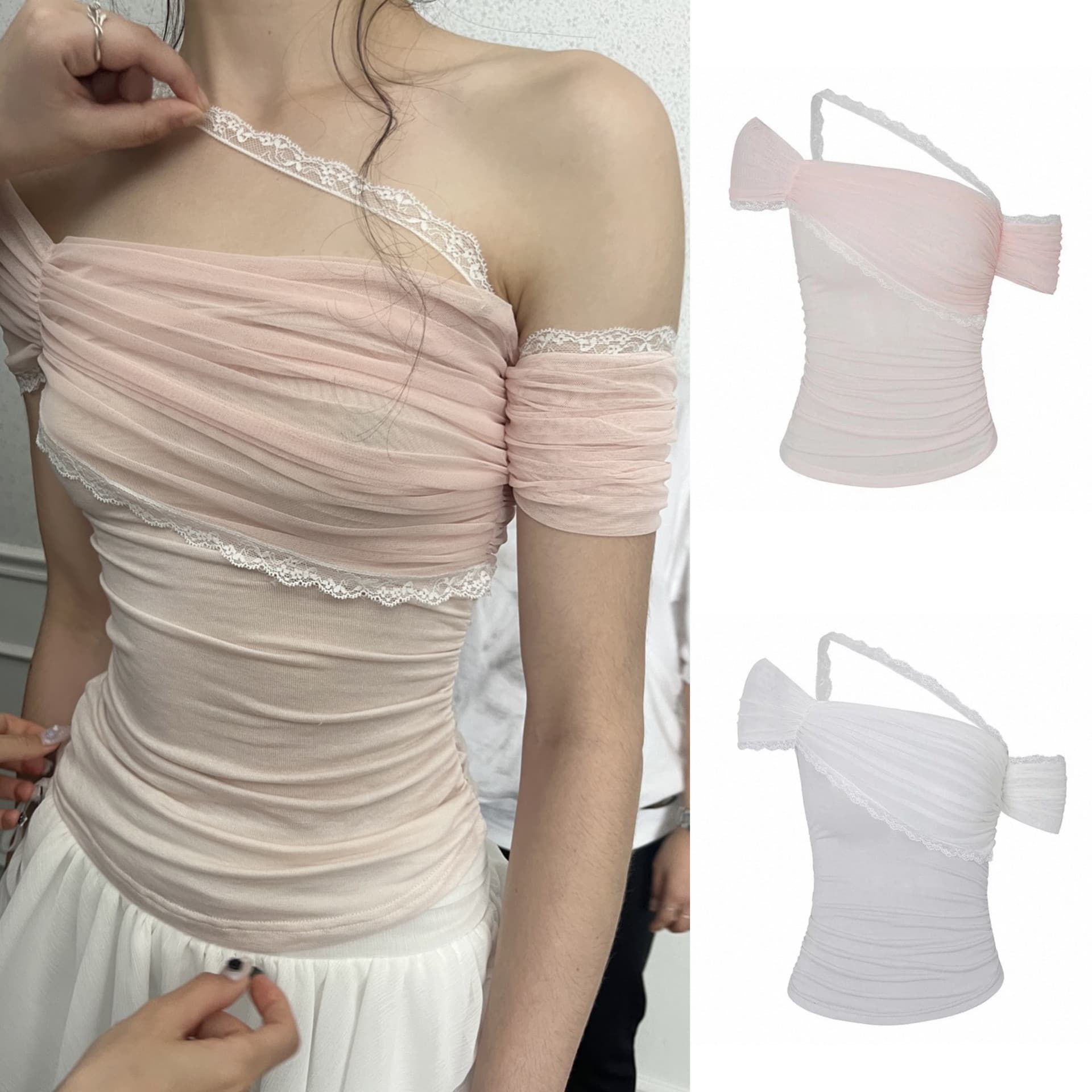 2026 Summer Korean Style PAIN OR PLEASURE Pure and Alluring Asymmetrical Lace Off-Shoulder Mesh Layered Ruffled Short Sleeve Top