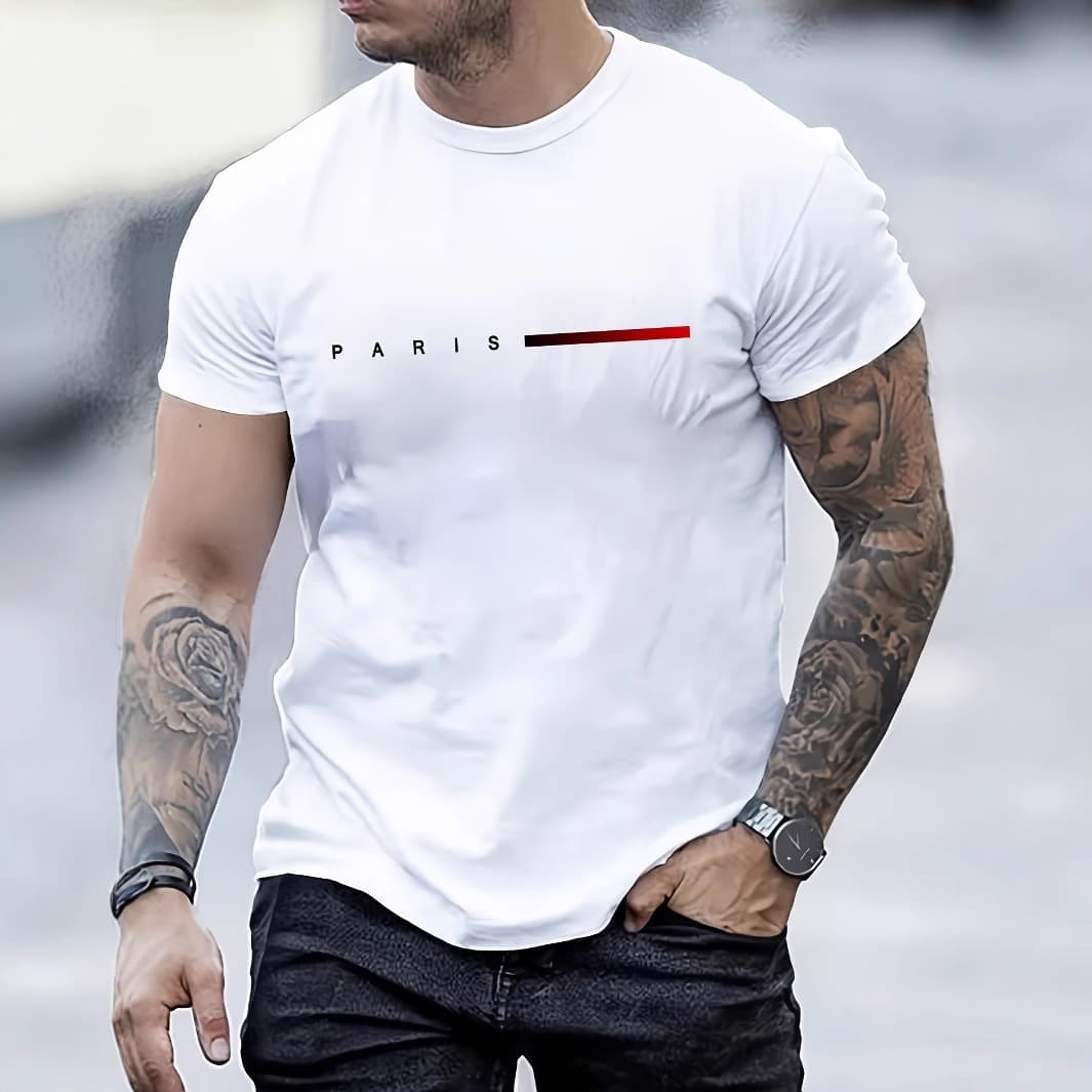 2025 Men's Summer Loose Fit Paris Letter Print Casual Round Neck Short Sleeve T-Shirt