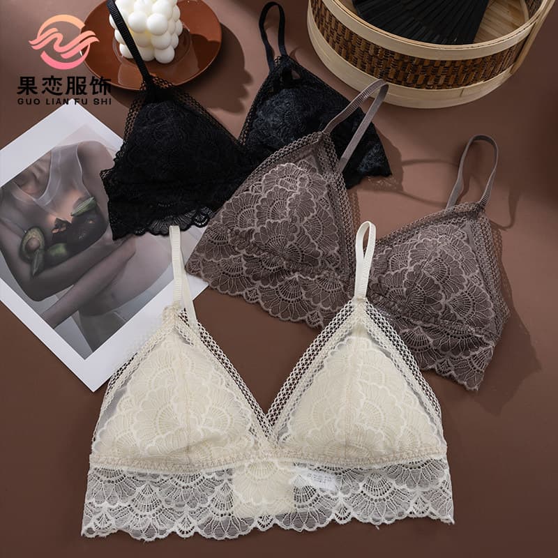 Guolian Silk French Romantic Ultra-Thin Backless Bra Mulberry Silk Sexy Lace Triangle Cup Wire-Free Bra