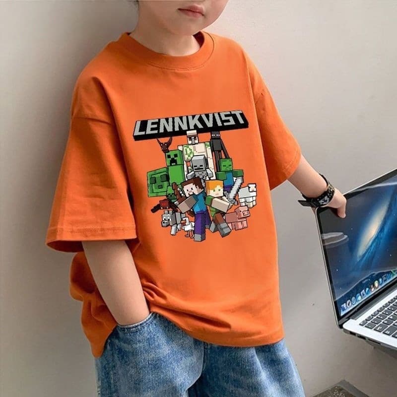 New Boys' Pure Cotton Short Sleeve T-Shirt Summer Kids Minecraft Collection Print Loose Fit Top for Older Children