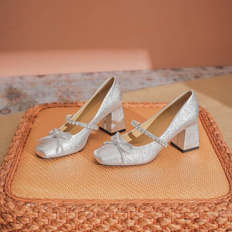 7726-10 French Mary Jane Shoes Mid Heel Bow Tie Elegant Dress Matching High Heel Shallow Mouth Silver Flats