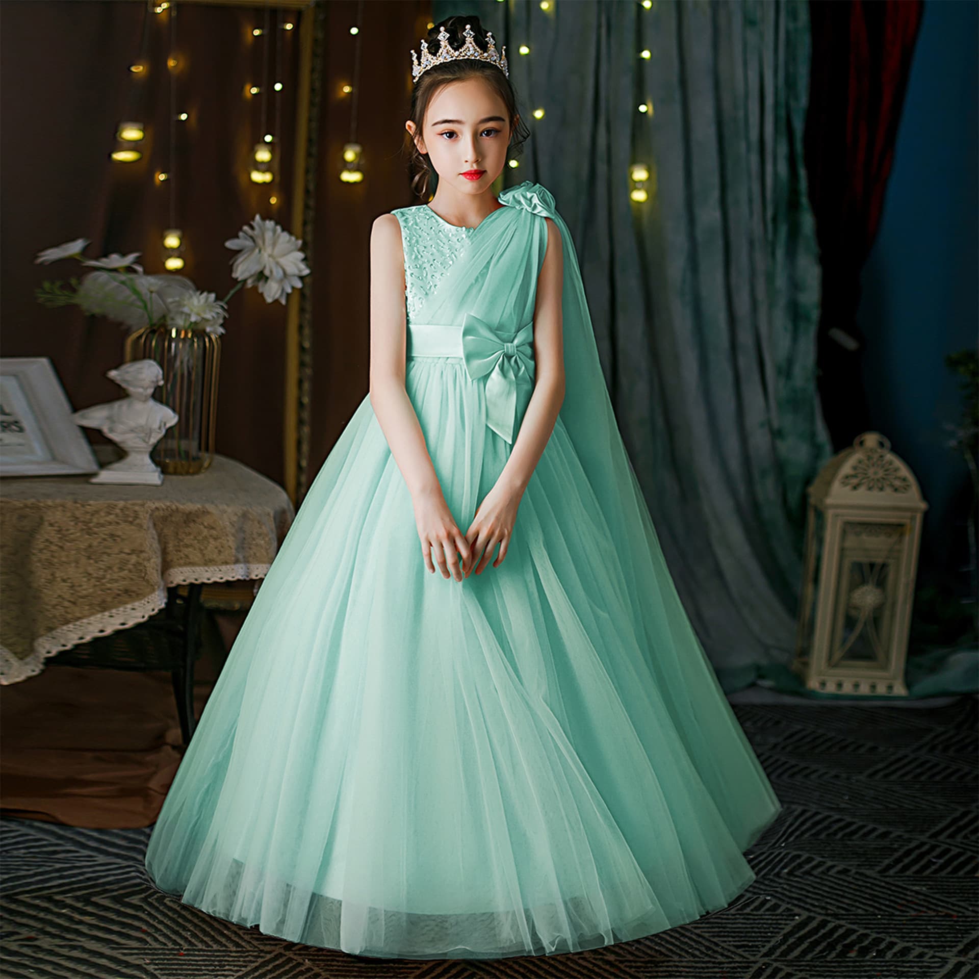 Girls Princess Dress Summer Flower Girl Wedding Runway Piano Children Performance Costume Tulle Puffy Skirt