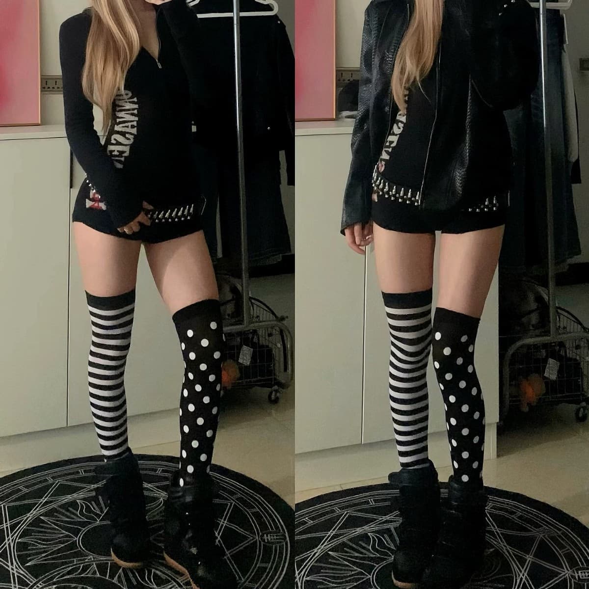 Y2K Asymmetrical Polka Dot Stripe Over-the-Knee Socks, Dark Alternative Edgy Sexy JK Gray High Tube Socks