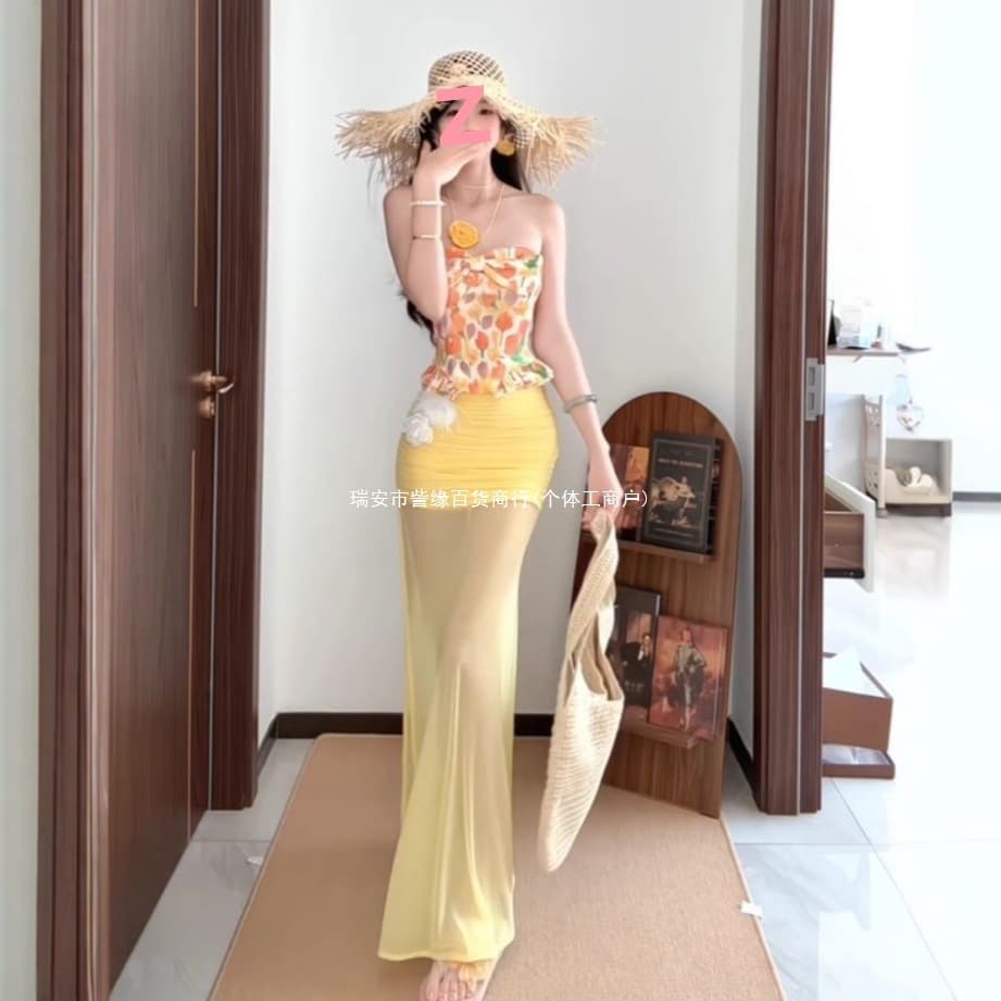 Vacation Style Set Women Summer Dopamine Stunning Yellow Print Tube Top Mesh Pencil Skirt
