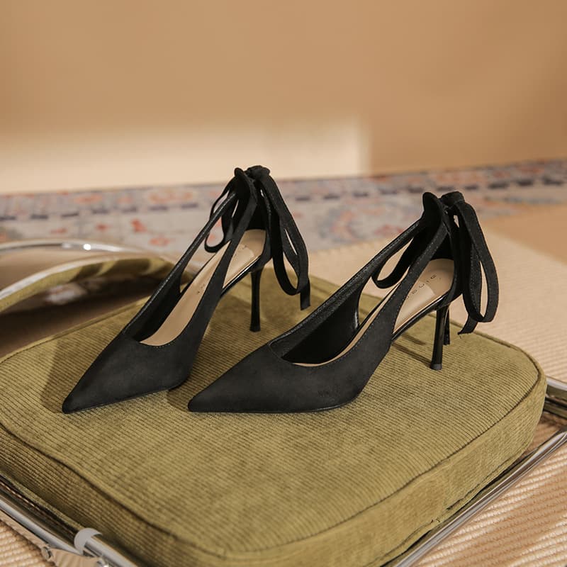 8836【Sheepskin】Pointed Toe High Heel Shoes for Women, Thin Heel, 2026 Spring New Style, Versatile Black Lace-Up Flats