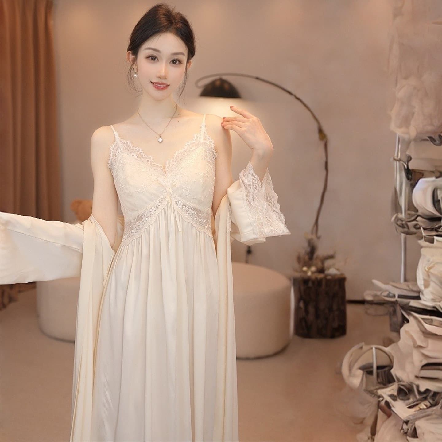 Live Hot Selling Sexy Sleepwear for Women Summer 2026 Ice Silk Lace Pure Desire Camisole with Padded Bra Nightgown and Robe Set