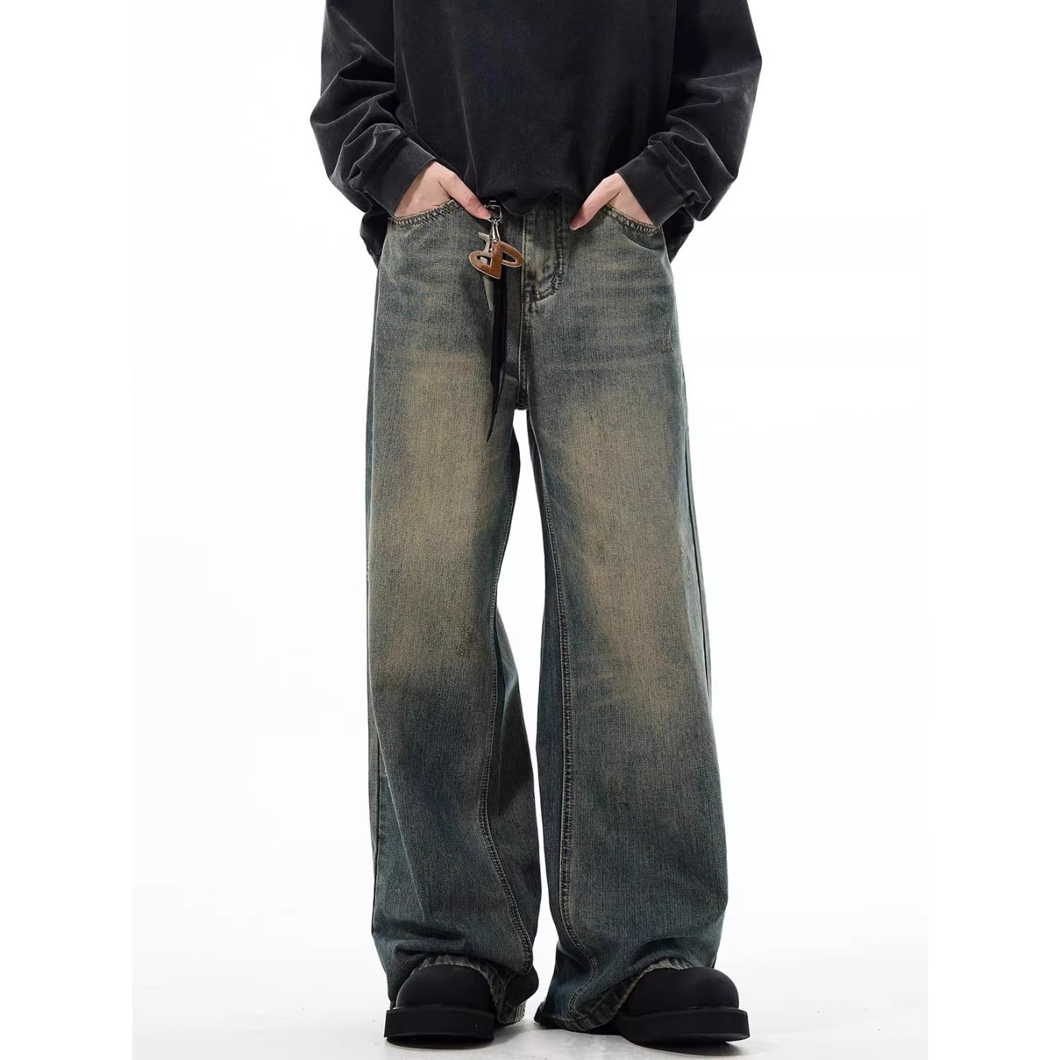 American retro washed jeans men's loose casual handsome new straight wide leg high street jeans trendy