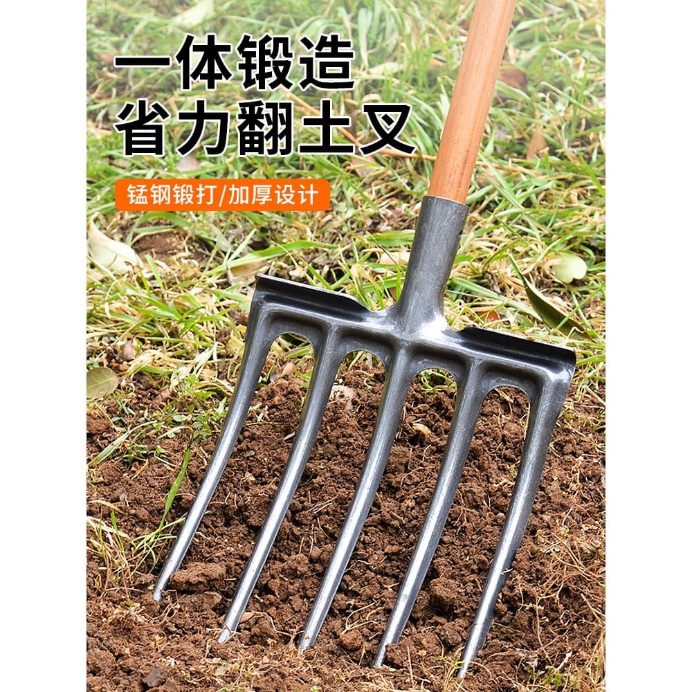 Agricultural four-tine steel fork for soil cultivation, loosening, reclaiming wasteland, digging, with all-steel wooden handle and iron fork head.