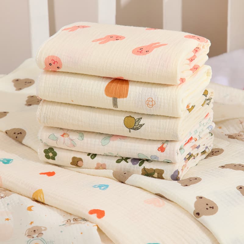 Double-Layer Crinkled Fabric Baby Swaddle Blanket, Cartoon Print Soft Newborn Gauze Throw Blanket Wrap Swaddle