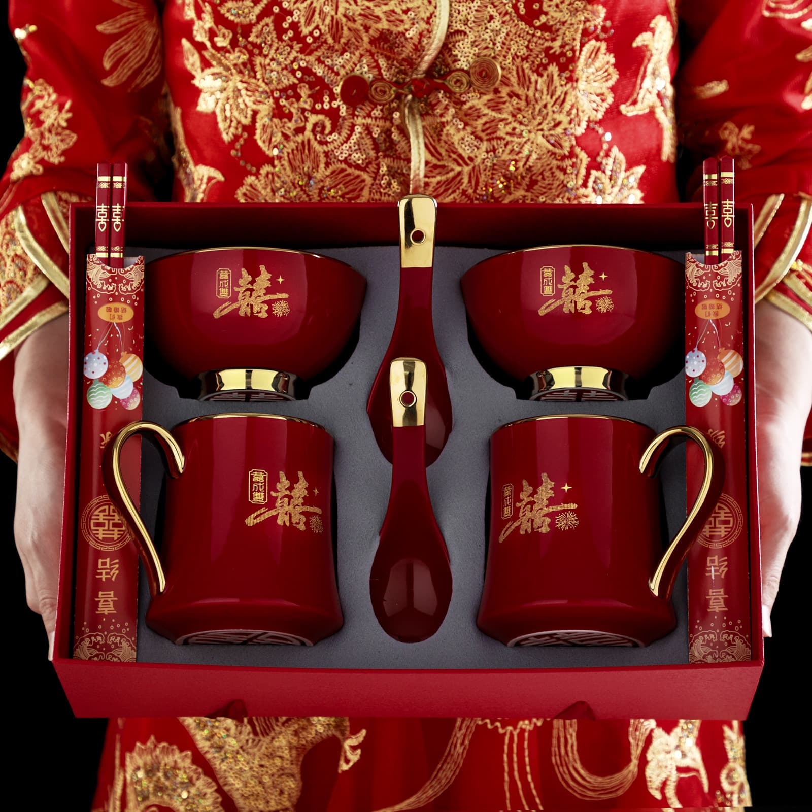 2025 Yazhi Newlywed Chinese Dowry Tea Set Red Happy Bowl and Chopsticks Gift Box Wedding Supplies