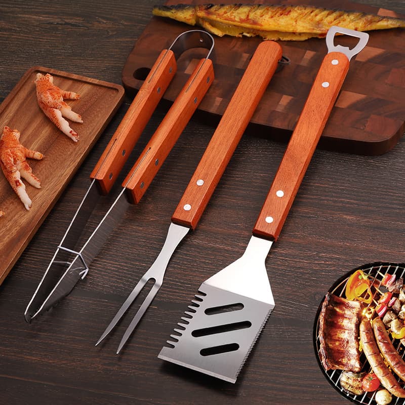 BBQ tool set with wooden handle fork, spatula, and tongs combo, Oxford bag household multifunctional stainless steel kit