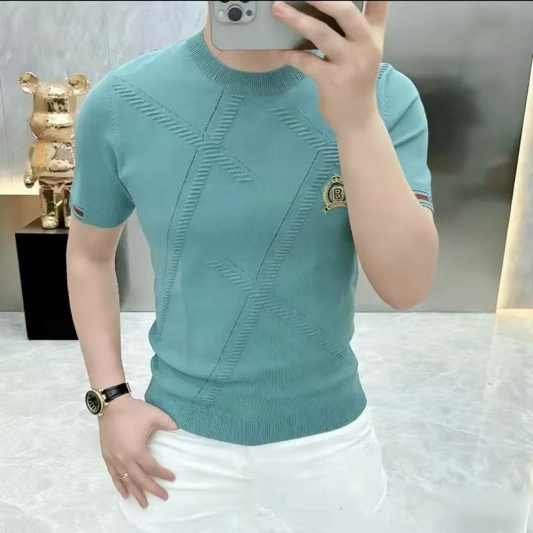 Cross-Border Foreign Trade Domestic Sales Youth Men's Summer Knit Half-Sleeve Ice Linen Yili Ice Linen Short-Sleeve T-Shirt Hot-Selling Item