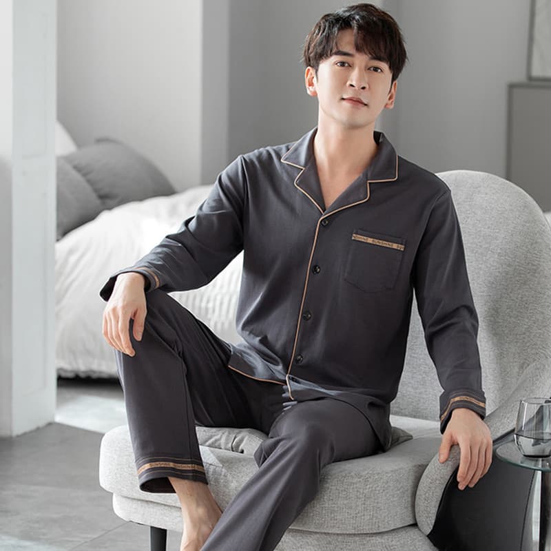 Pajama Men's Cotton Long-Sleeve Cardigan Lapel Plus Size Loose Casual Homewear Set, Suitable for Spring and Autumn Outdoor Wear