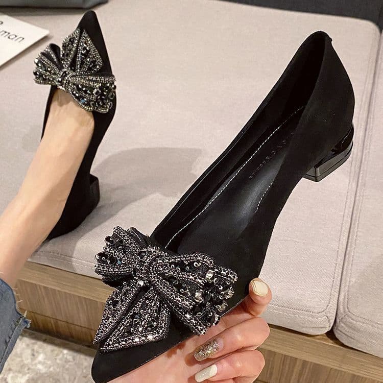French-Style Rhinestone Bow Black Women's Low-Heeled Suede Shoes 2026 New Model Shallow Pointed Toe Chunky Heel Professional Shoes