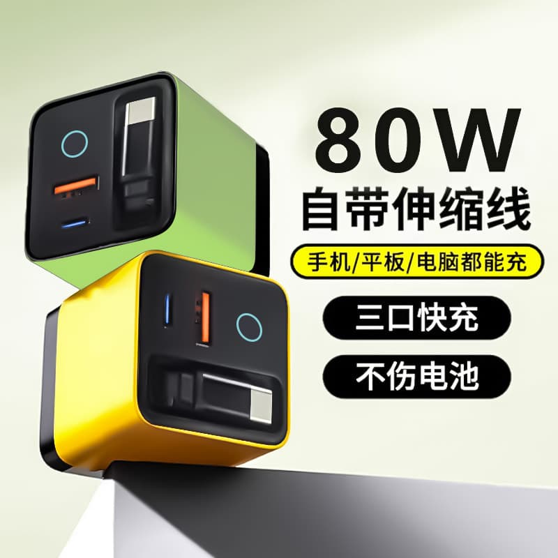 80W GaN Charger with Built-in Retractable Cable, Compatible with Huawei and Apple, A+C Dual Port, Full Protocol Charging Head