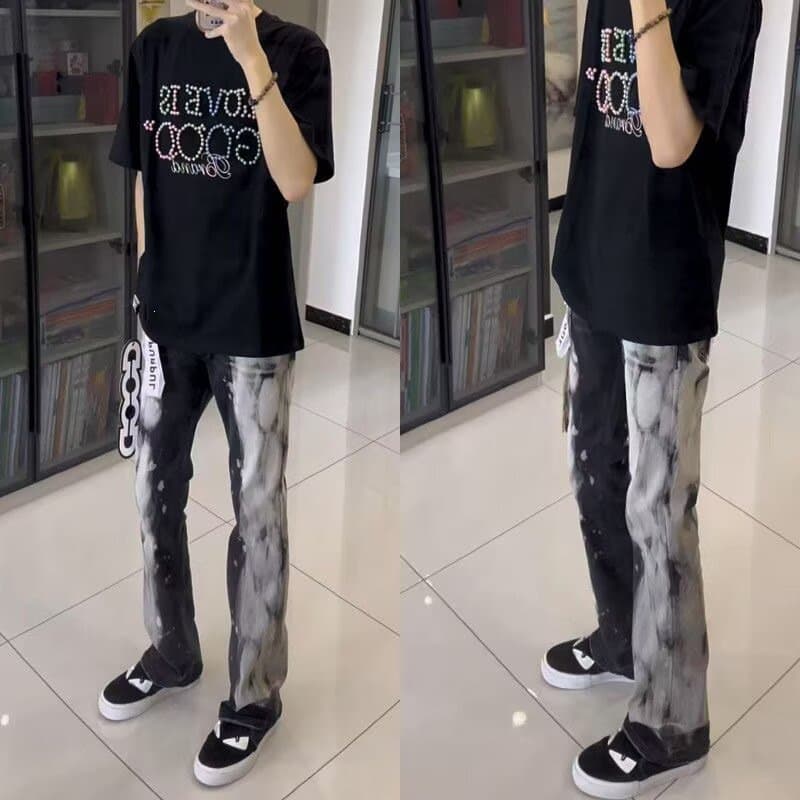 Black Tie-Dye Jeans for Men, Am Trendy Brand, Stylish Street Style, Slightly Flared Pants, American Drill Straight-Leg Curved Pants