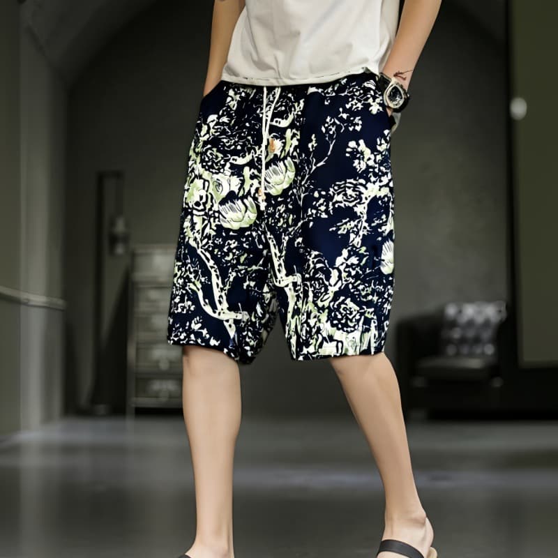 Ethnic Style Sanya Printed Cotton Linen Beach Shorts for Men, Retro Dai Ethnic Five-Point Shorts