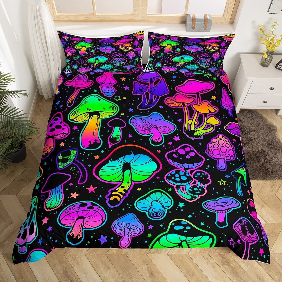 Cross-Border Rainbow Color Kawaii Mushroom Print Duvet Cover Bedroom Guest Room Bedding Set, Exclusive for Europe and America