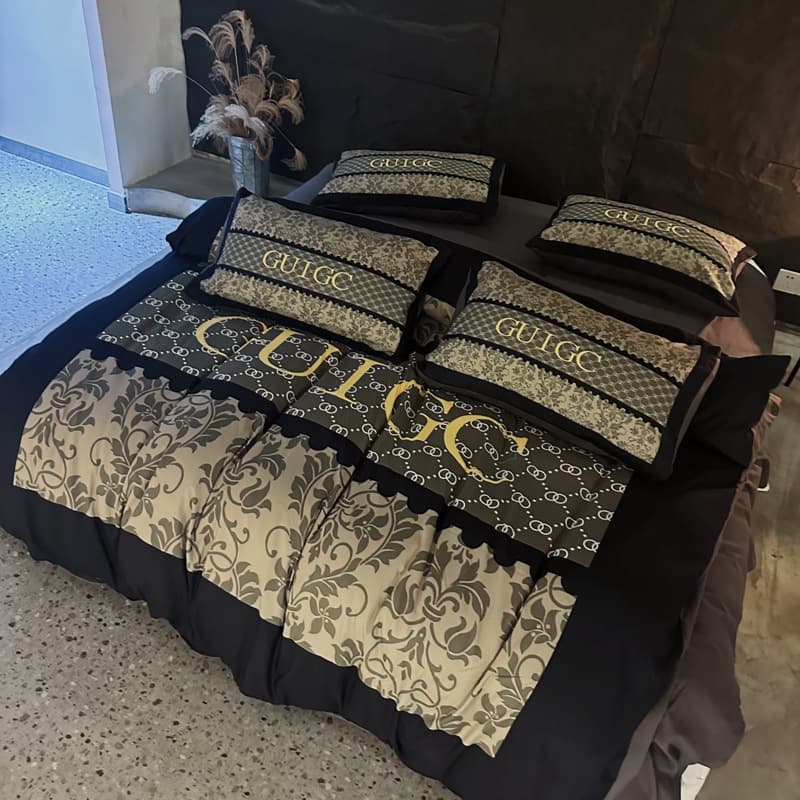 High-End Light Luxury Sanding Digital Print Four-Piece Bed Sheet Set Bed Hat Home Bedding All Seasons Universal