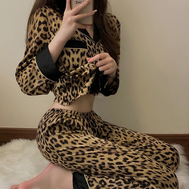 Pajama Spring Color-Block Lapel Leopard Print Long Sleeve Sleepwear for Women, Sexy Loose Fit, Suitable for Home Wear and Going Out, Export Cross-Border Style