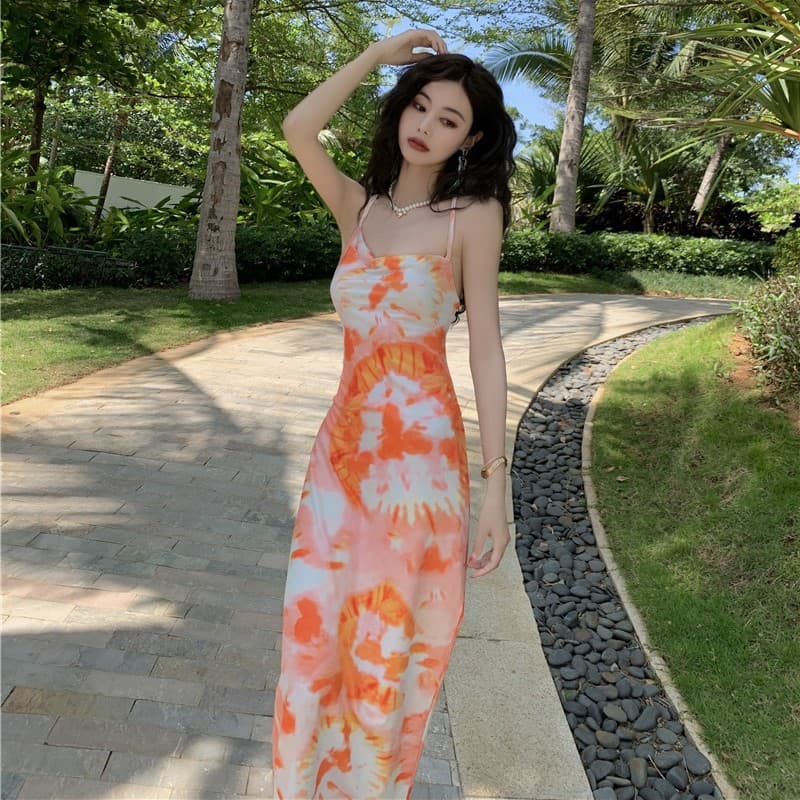 Cross-border slim-fitting floral party dress small skirt loose backless suspender skirt holiday tie rope halterneck long dress
