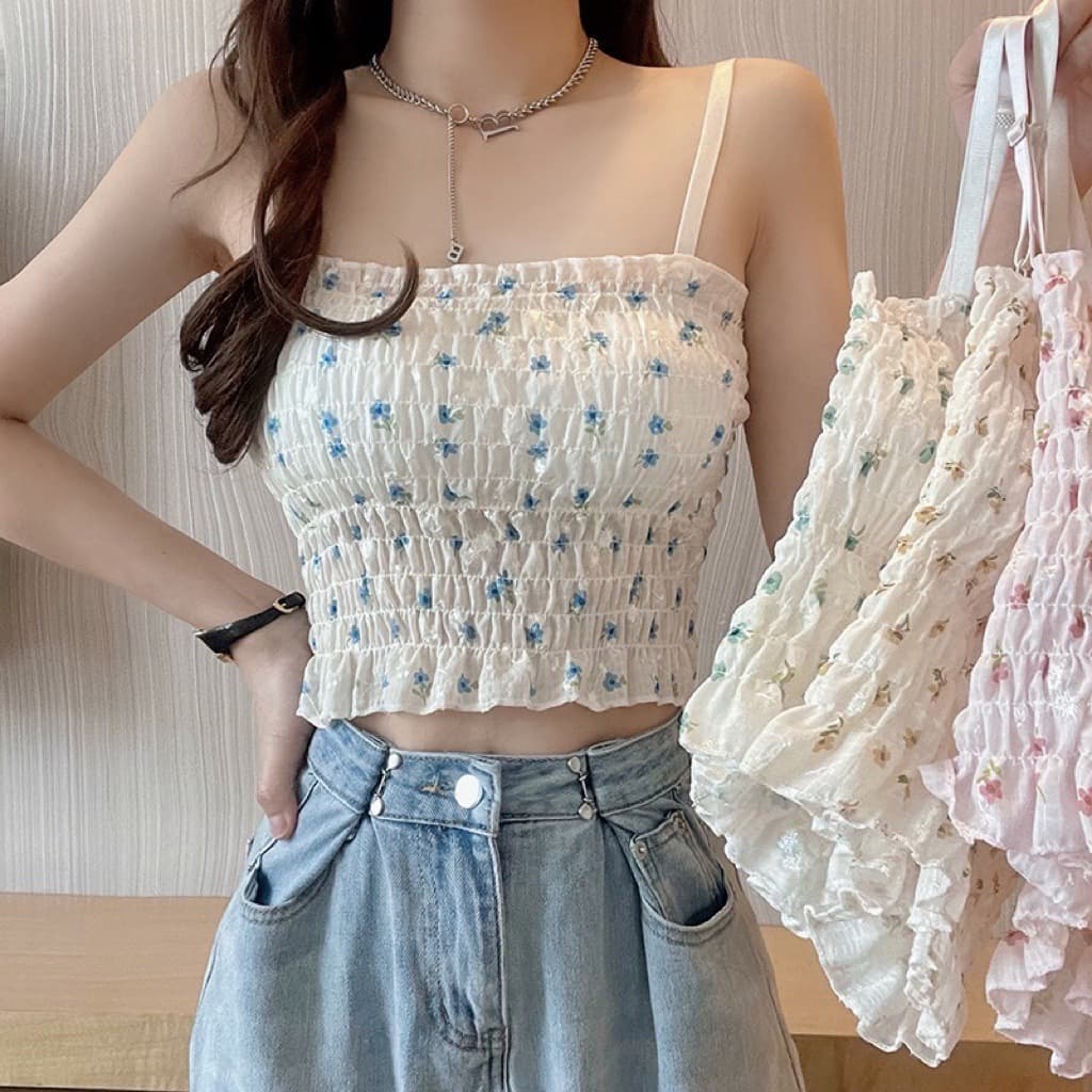 Pleated Floral Print Slim Camisole Top for Women, Backless with Built-in Pads, Stylish Layering or Outerwear