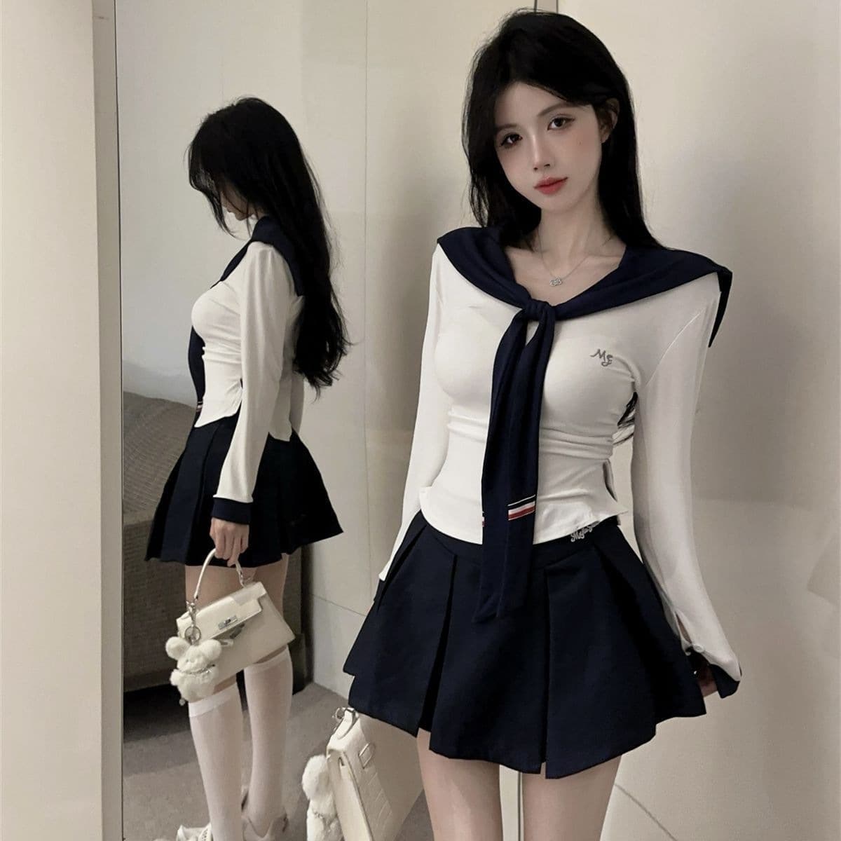 Pure lust style pinch waist navy collar top suit women's summer high waist slim pleated skirt college style short-sleeved T-shirt