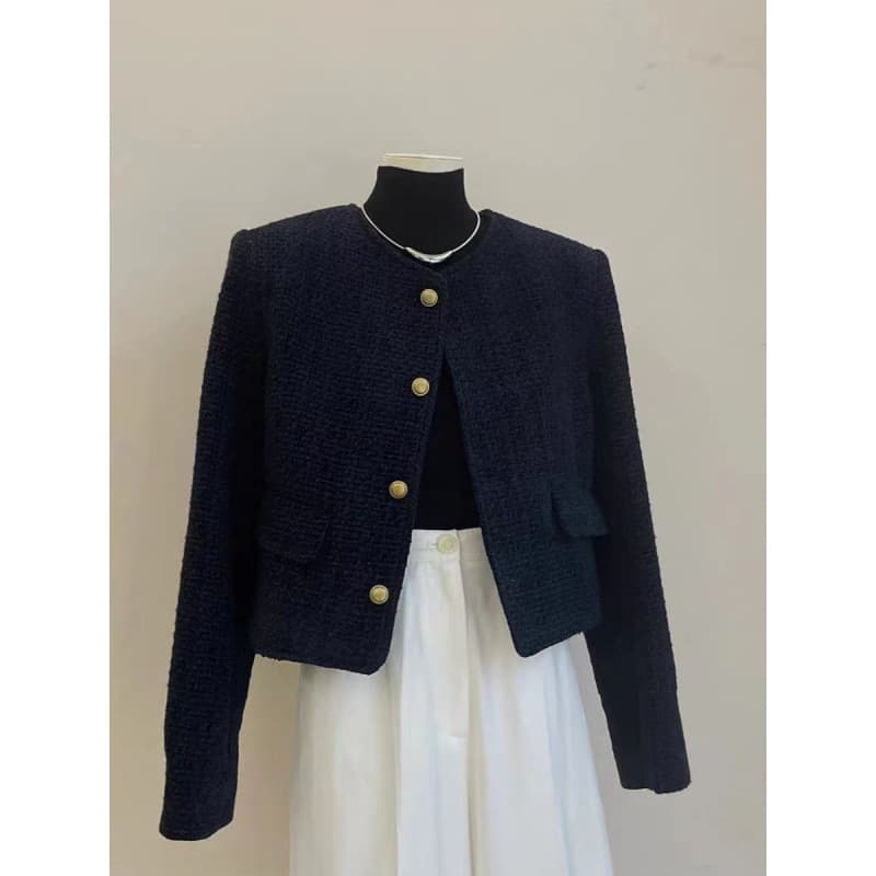 Dark blue little luxury style jacket, Autumn/Winter new trendy chic celebrity-inspired super cute short top for women