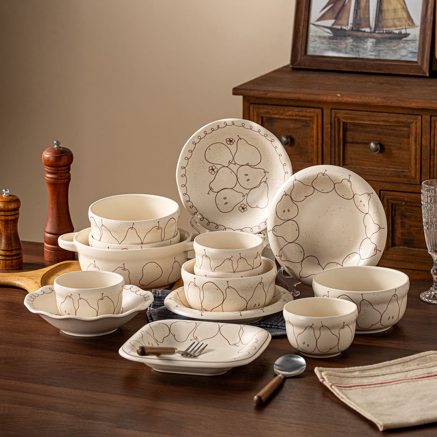 Creative high-looking underglaze color ceramic bowl matte pear pattern bowl and plate set soup bowl plate binaural bowl ceramic tableware