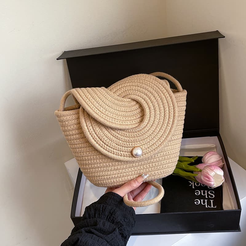 Small Fresh Pearl Flip Small Bag Crossbody Cotton Rope Woven Bag Casual Shoulder Straw Woven Bag Mini Beach Bag Women's Bag