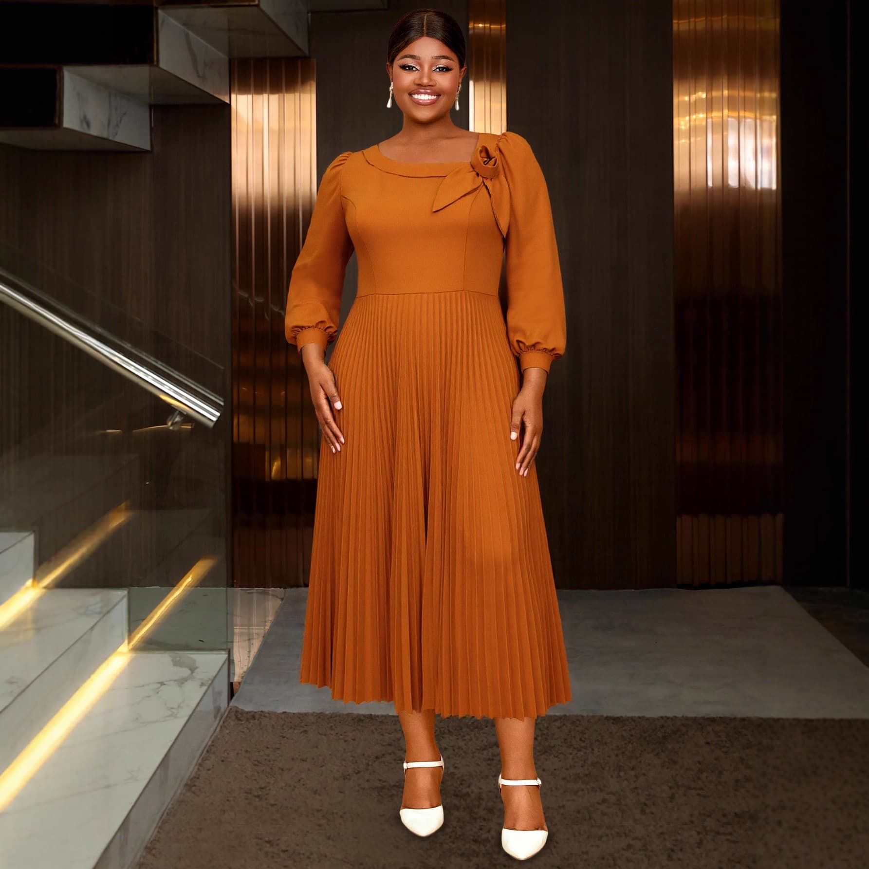Plus Size Women's Elegant Brown Long-Sleeved Dress with Slanted Shoulders 3D Stereo Flower Pleated Mid-Length Evening Dress Dresses