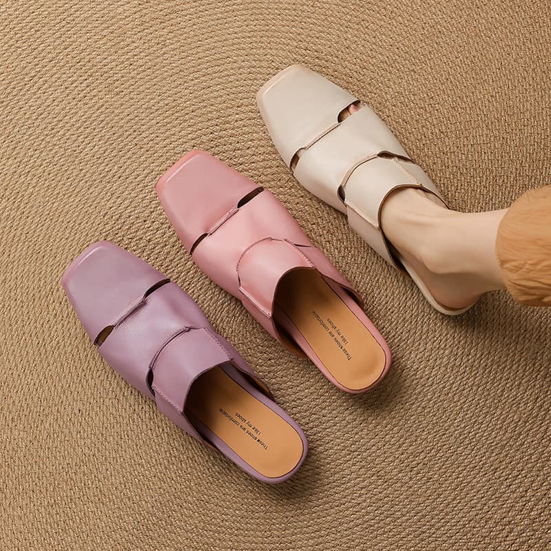 Washed Horsehide Toe-Covered Open-Toe Sandals Women 2026 Summer New Square Toe Mid-Heel Pink Mule Slippers Wholesale