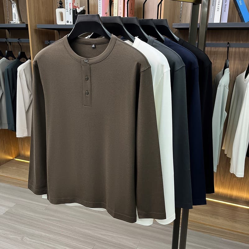 Southeast Asia cross-border Henry collar long-sleeved T-shirt men's casual light luxury men's solid color spring and autumn bottoming shirt T-shirt men's spot