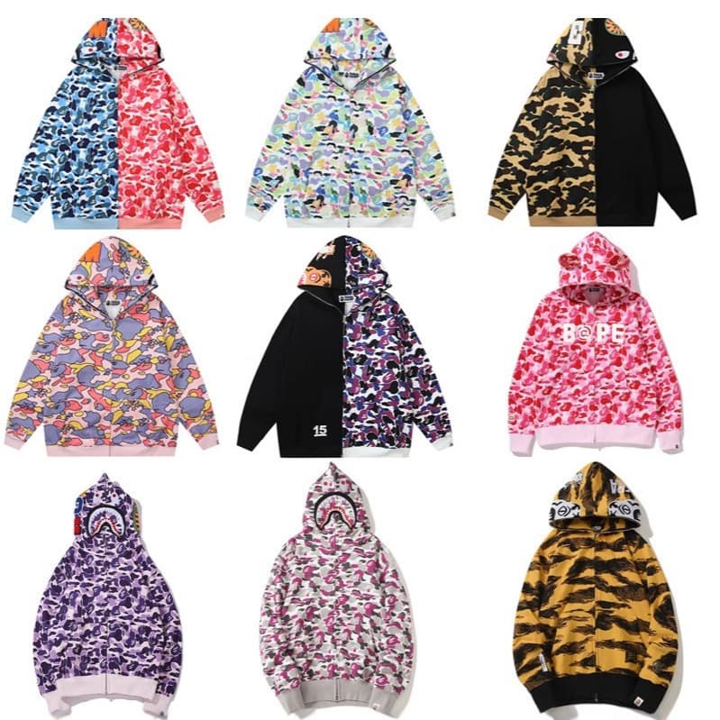 New Cross-Border BAPEE Shark Camo Hooded Zip-Up Unisex Sweatshirt Jacket Trendy In Stock