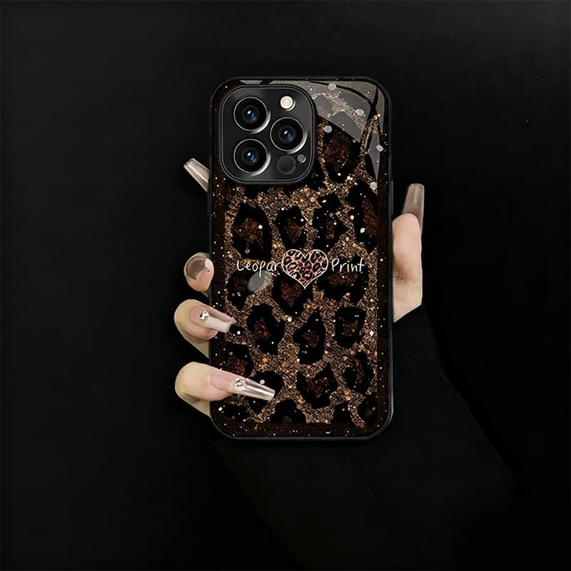 Leopard Print Heart Compatible with Apple 17 Pro Max Personalized 16 New 15 Phone Case iPhone 14 Mirror Creative