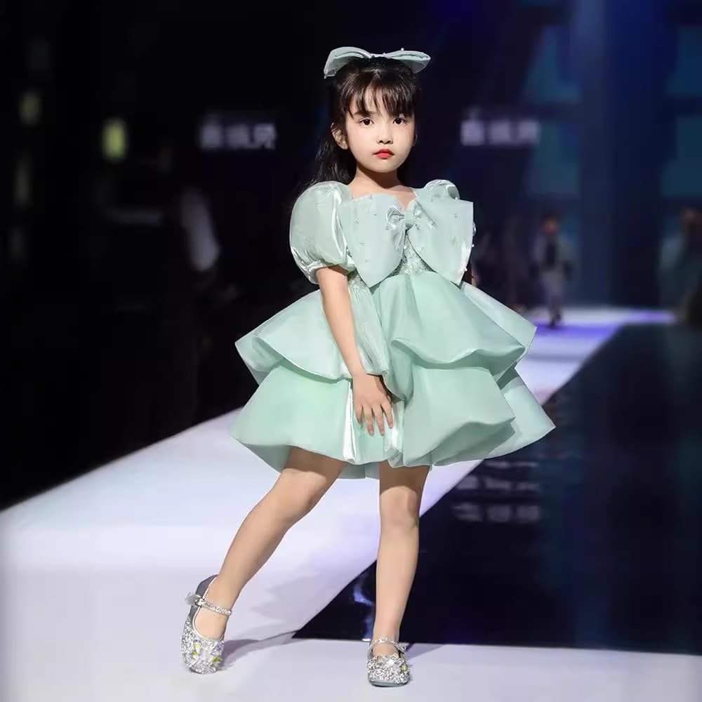 Girls Princess Dress Green Flower Girl Birthday Party Tulle Skirt Children Host Walk Show Performance Costume