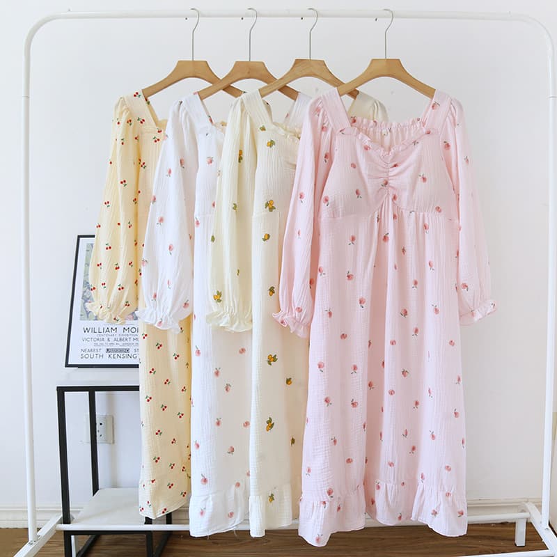 Printed Fairy Style Cotton Crepe Long-Sleeve Nightgown with Built-in Bra, Sweet and Cute Summer Homewear Sleep Dress