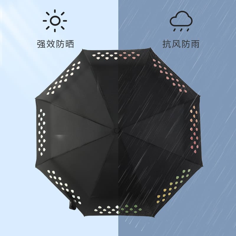 Water-Activated Color Changing Umbrella 8-Rib Three-Fold Manual Open Creative Umbrella, Sun and Rain Dual-Use Sunscreen Black Coated Rain Umbrella Custom Logo