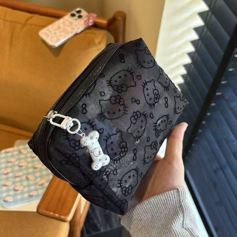 Cute Kitty Mesh Touch-Up Bag, Daily Portable Travel Cable and Sundries Organizer, Portable Small Clutch