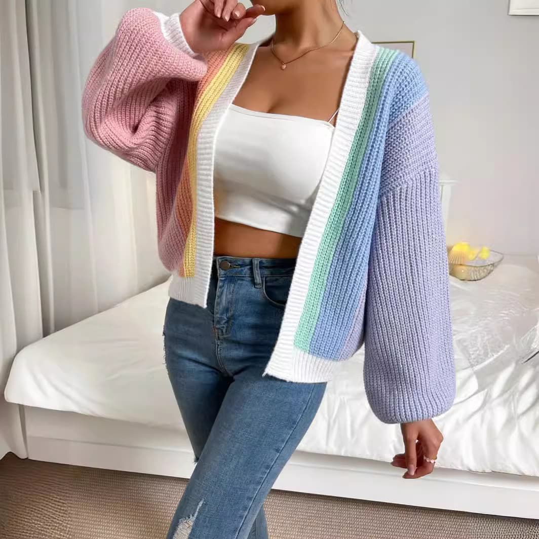 Dopamine Color-Block Knit Cardigan for Women, Fashionable and Chic, European and American Lazy Style Long-Sleeve Sweater Top