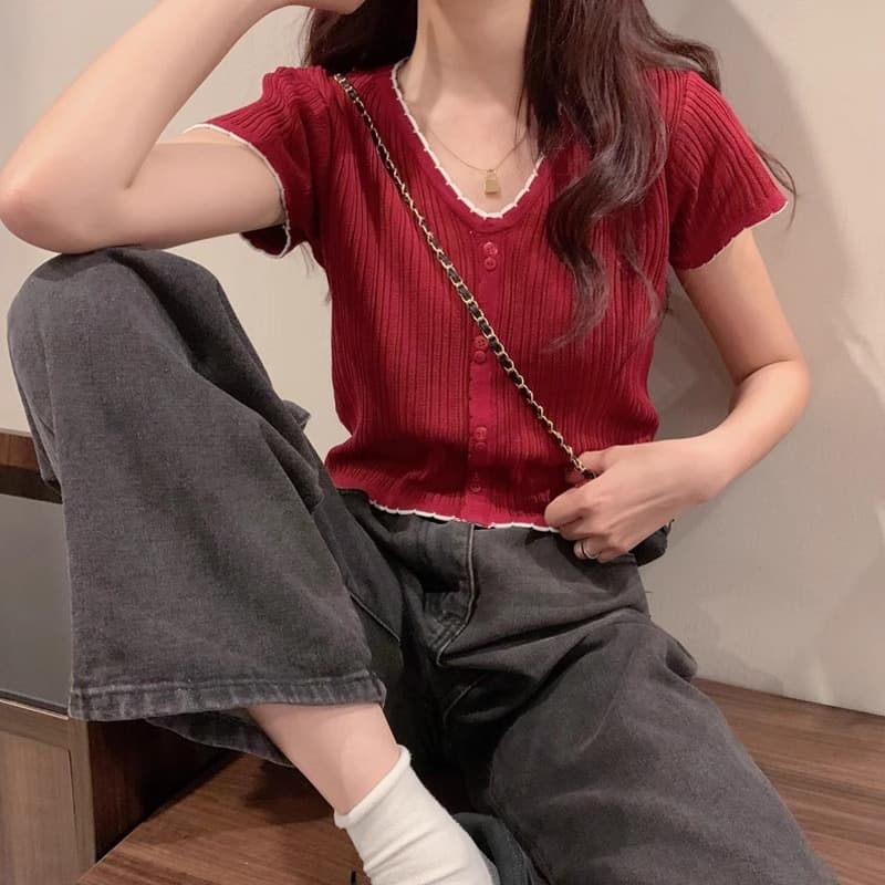 Summer V-Neck Stylish Slim Fit Short Sleeve High-Waist Cropped Ice Silk Knit Top Fashion T-Shirt for Women Thin