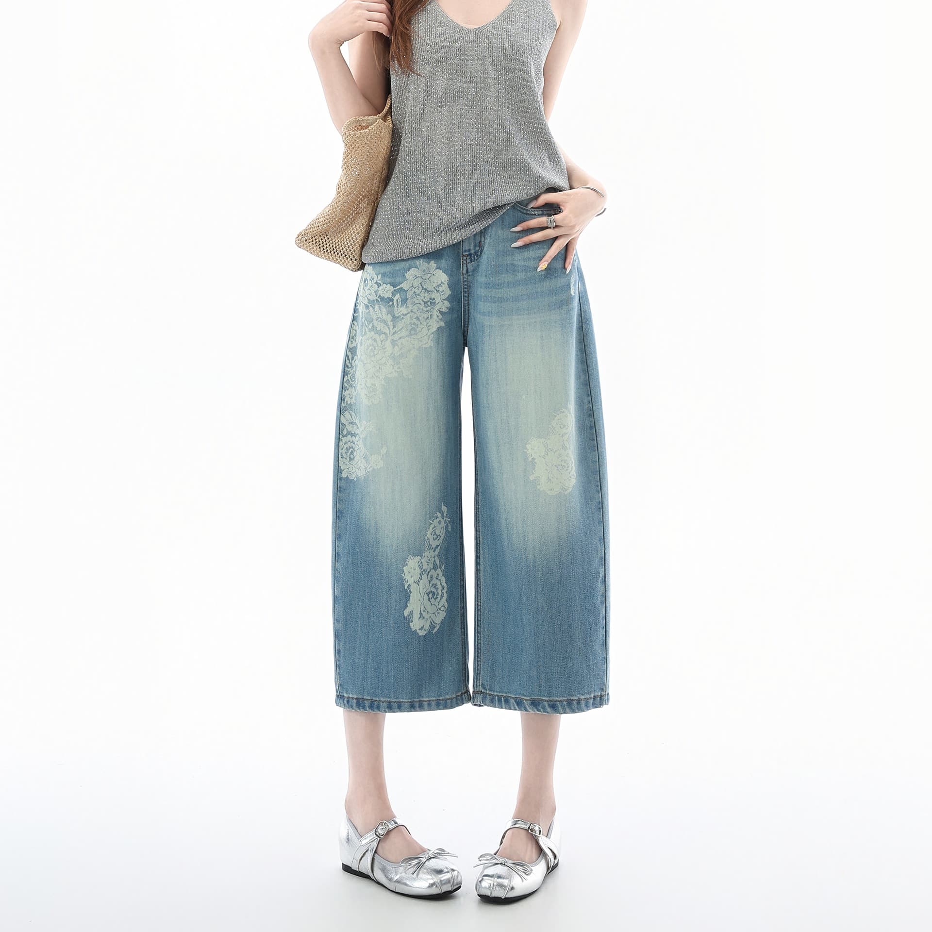 Summer Thin Tencel Chinese Style Printed Cropped Denim Shorts for Women, Washed High-Waist, Loose Wide-Leg Slimming Mid-Length Pants
