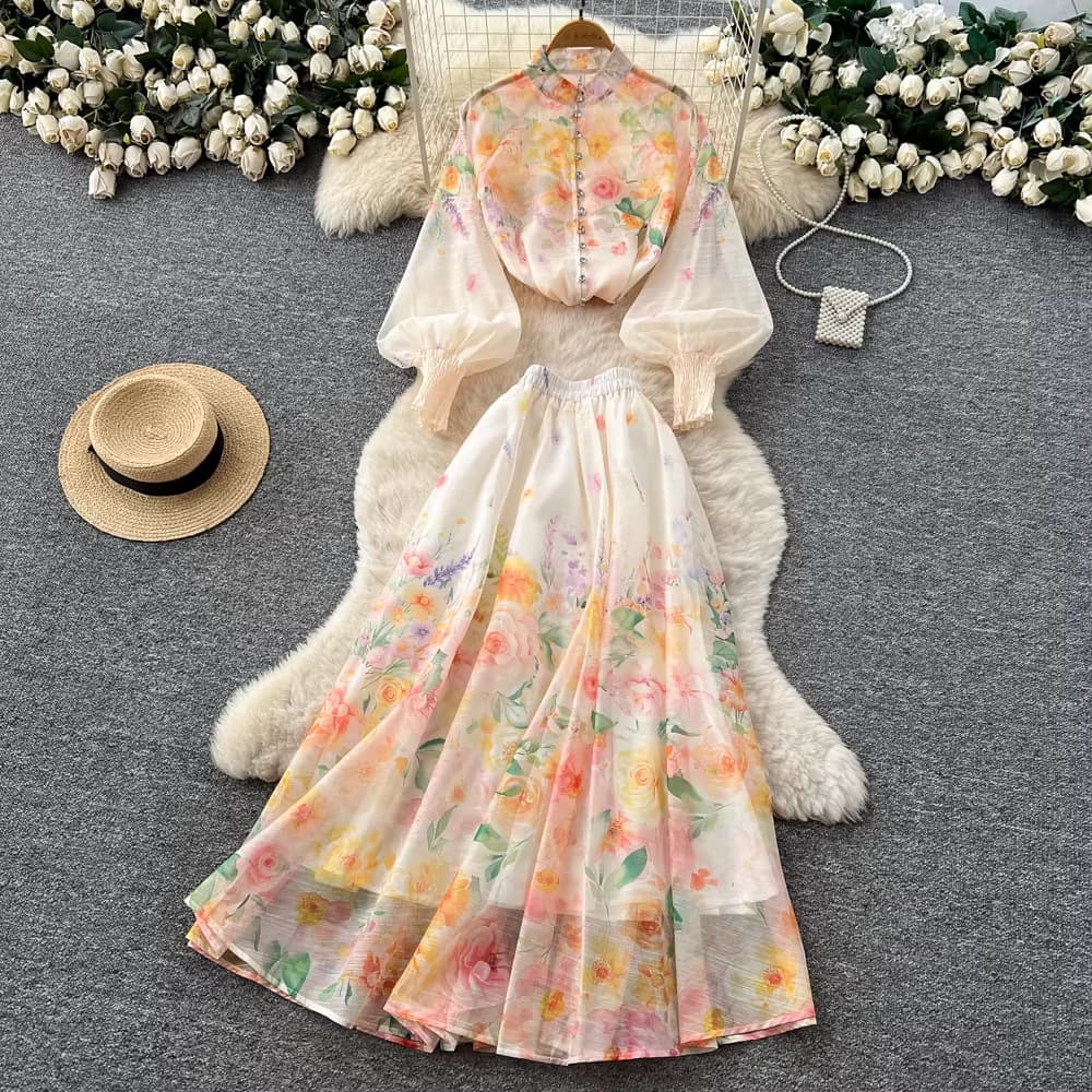 Cross-Border European and American Style Two-Piece Set: Elegant Lantern Sleeve Button-Up Slim-Fit Top and High-Waisted Printed Mesh Skirt