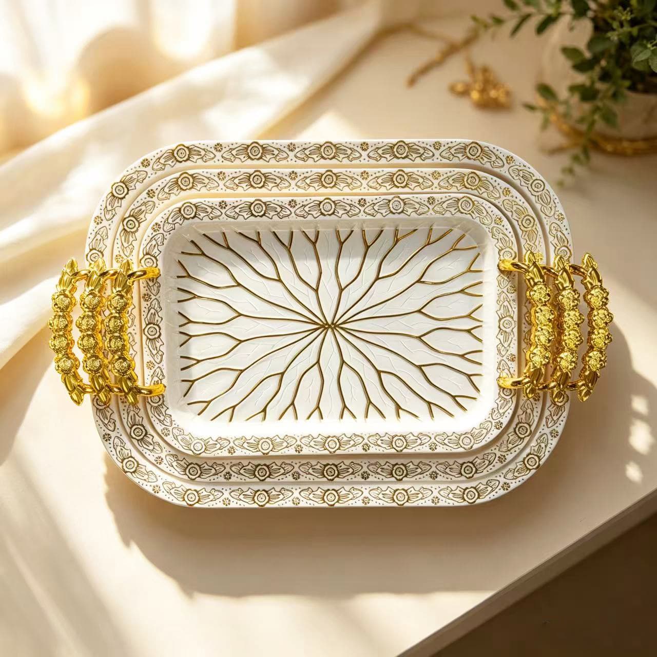 Light Luxury European Rectangular Tray Embossed Gold Foil Leaf Vein Fruit Plate Tea Tray Home Hotel Wholesale 3-Piece Set