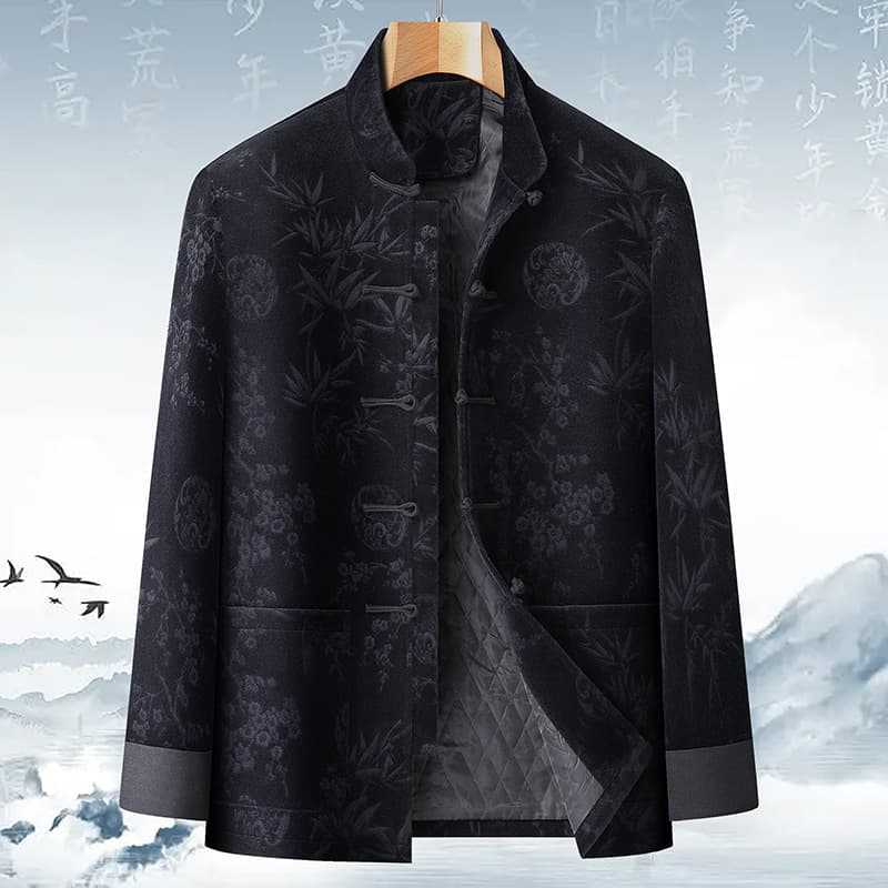 Middle-aged and elderly men's Tang suit winter coat, cotton-padded cashmere coat, father's casual jacket, black.