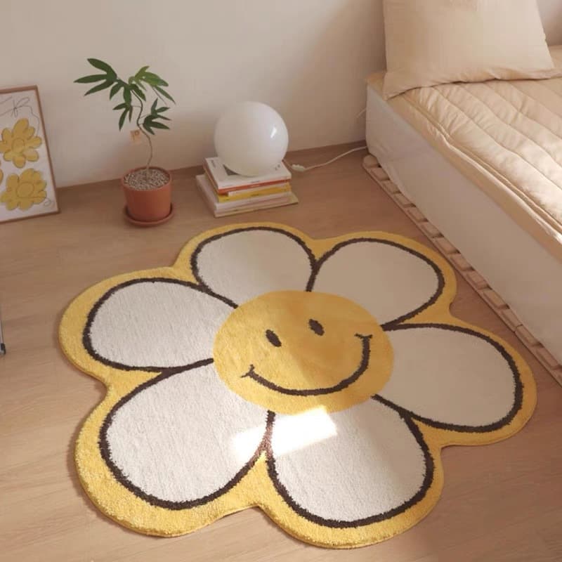 Nordic ins Sunflower Round Carpet Bedroom Bedside Plush Blanket Cute Smiley Non-Slip Mat