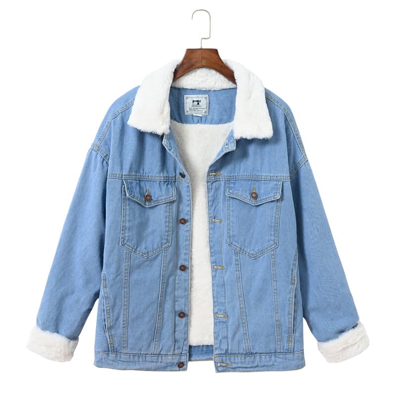 Trendy Korean-style Denim Jacket for Women with Lamb Fleece Lining, Winter Imitation Rabbit Fur, Casual Light Blue, Thickened and Quilted Coat